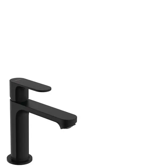 Schwarzer Einhebel-Waschtischmischer von Hansgrohe mit flachem Hebel und Zugstangen-Ablaufgarnitur. Modernes, schlichtes Design für Badezimmeranwendungen.